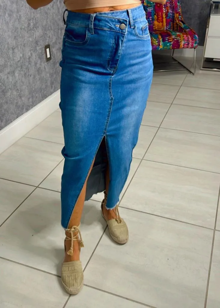 GJ59 Crossover denim maxi skirt