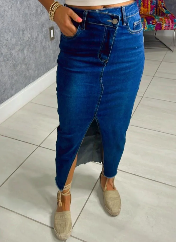 GJ59 Crossover denim maxi skirt