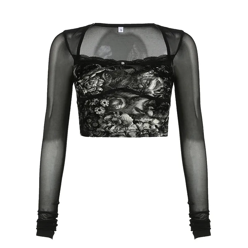 Gothic Black Mesh Patchwork Cropped Top
