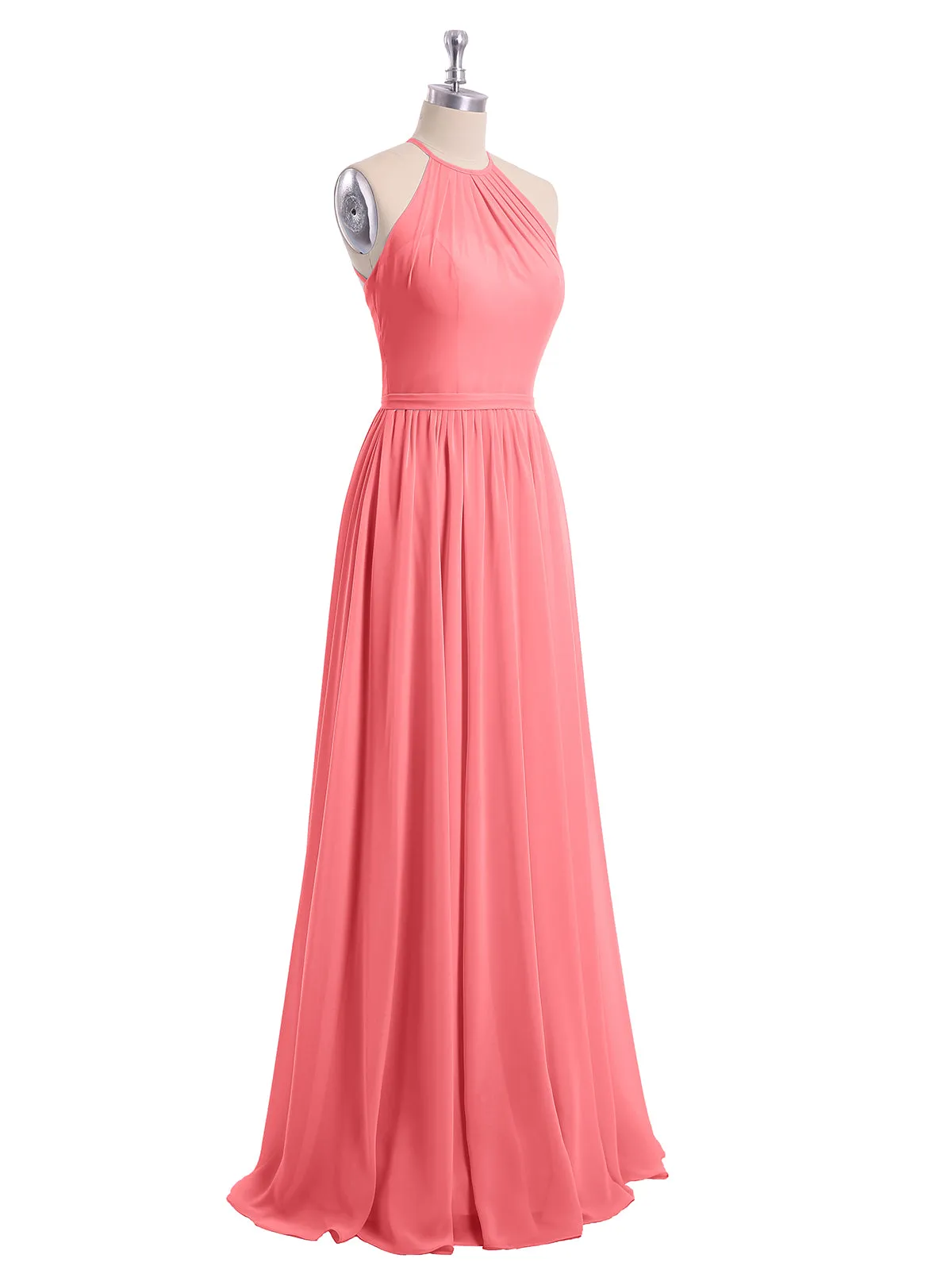 Halter Long Chiffon Gowns with Double Straps-Watermelon