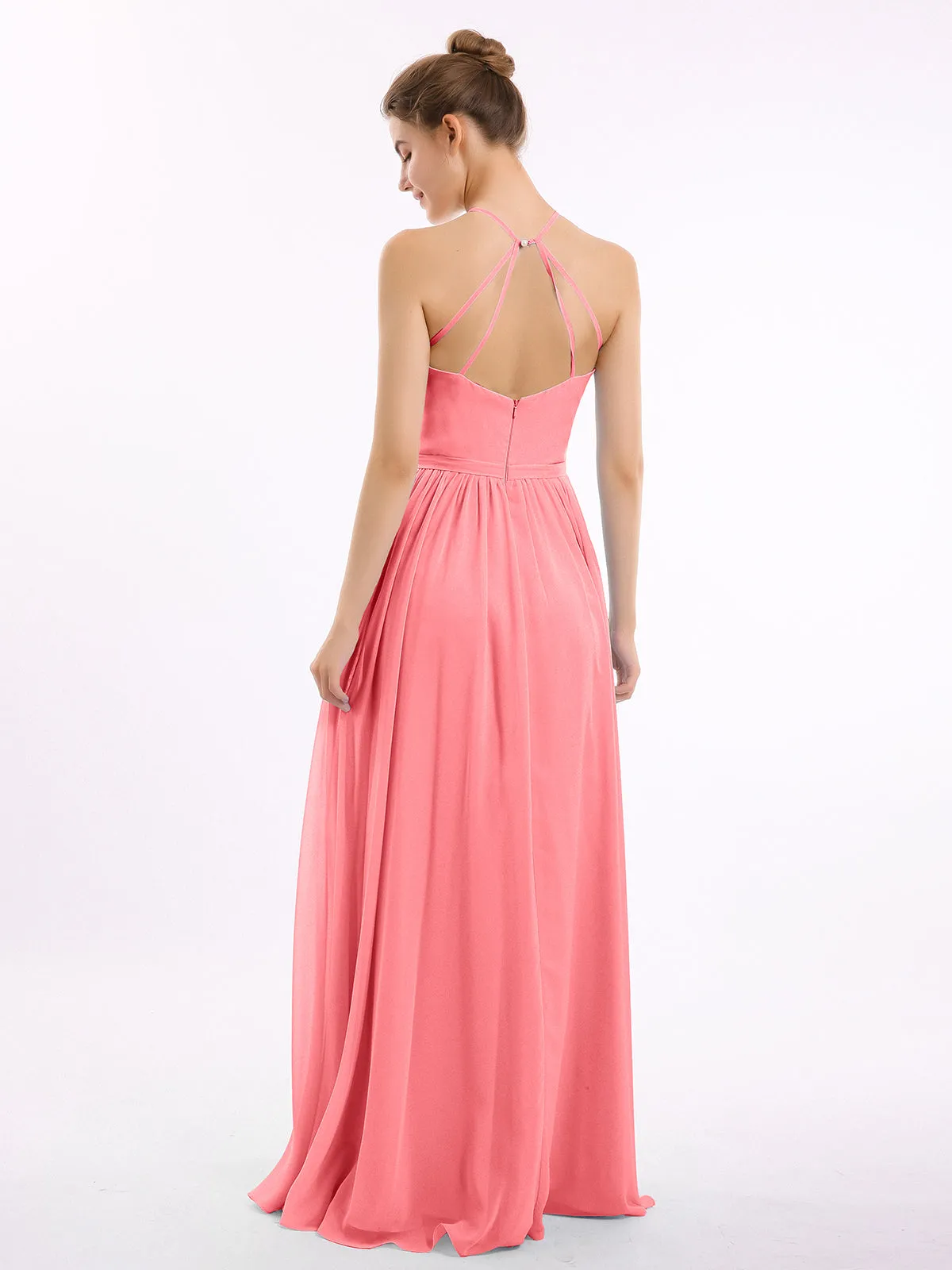 Halter Long Chiffon Gowns with Double Straps-Watermelon