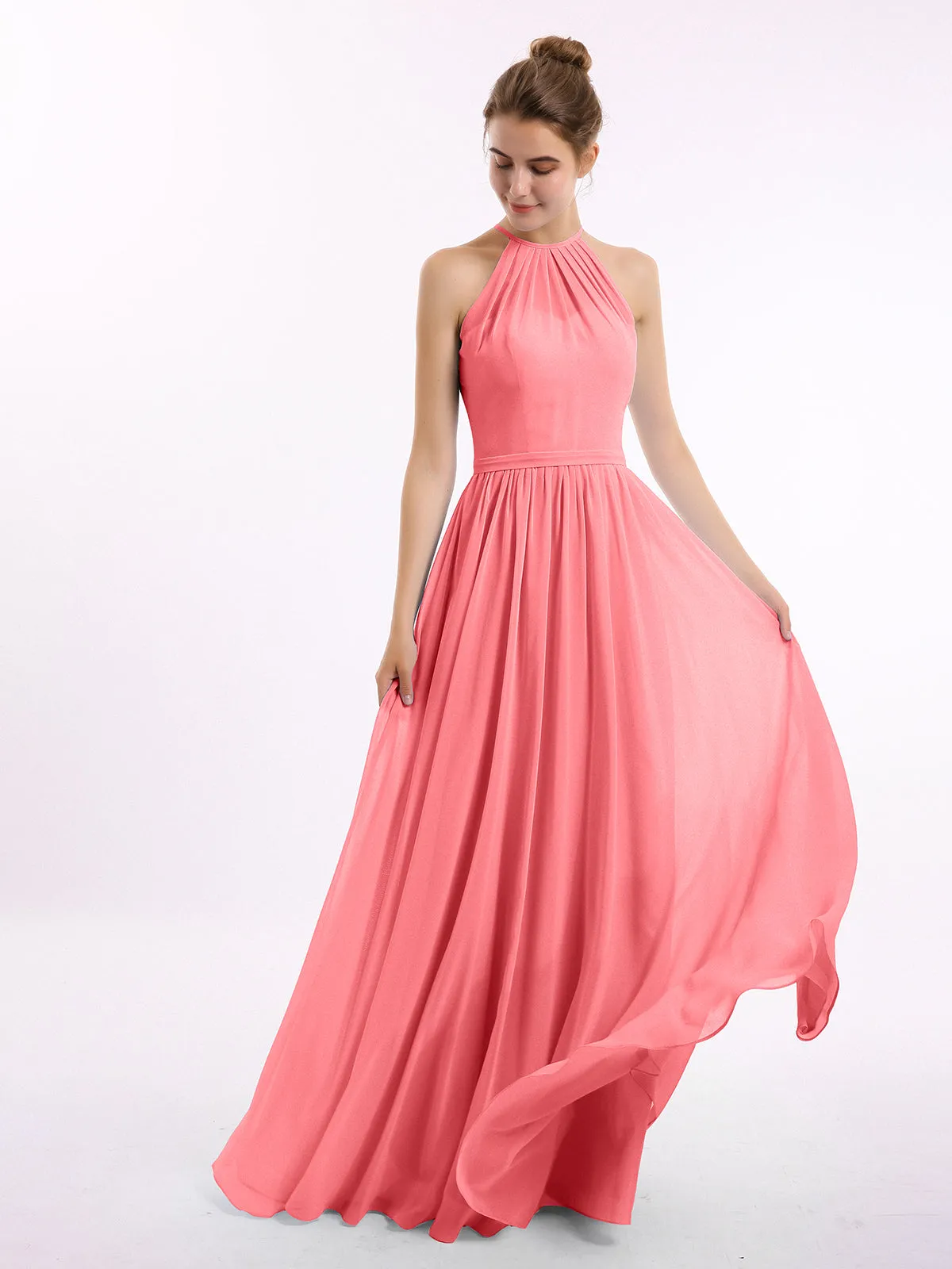 Halter Long Chiffon Gowns with Double Straps-Watermelon