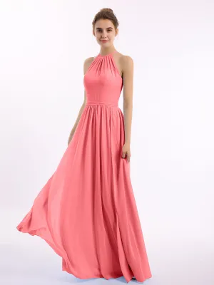 Halter Long Chiffon Gowns with Double Straps-Watermelon