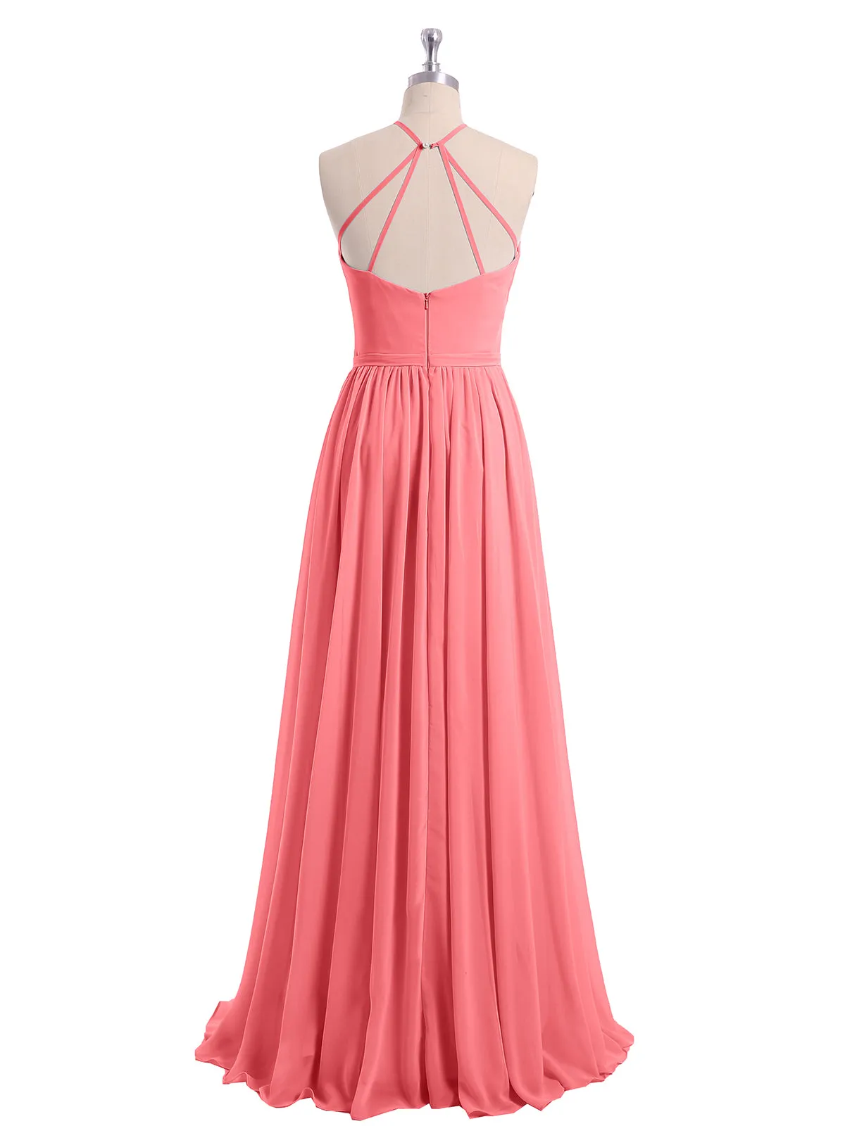 Halter Long Chiffon Gowns with Double Straps-Watermelon