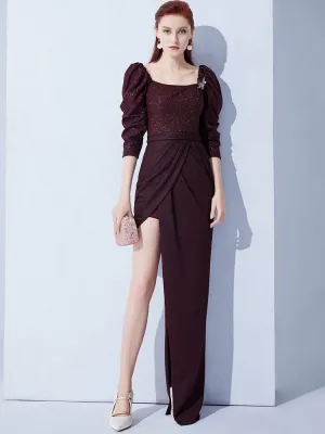 High end even-sleeve vintage wine red slit evening dress - Sedo