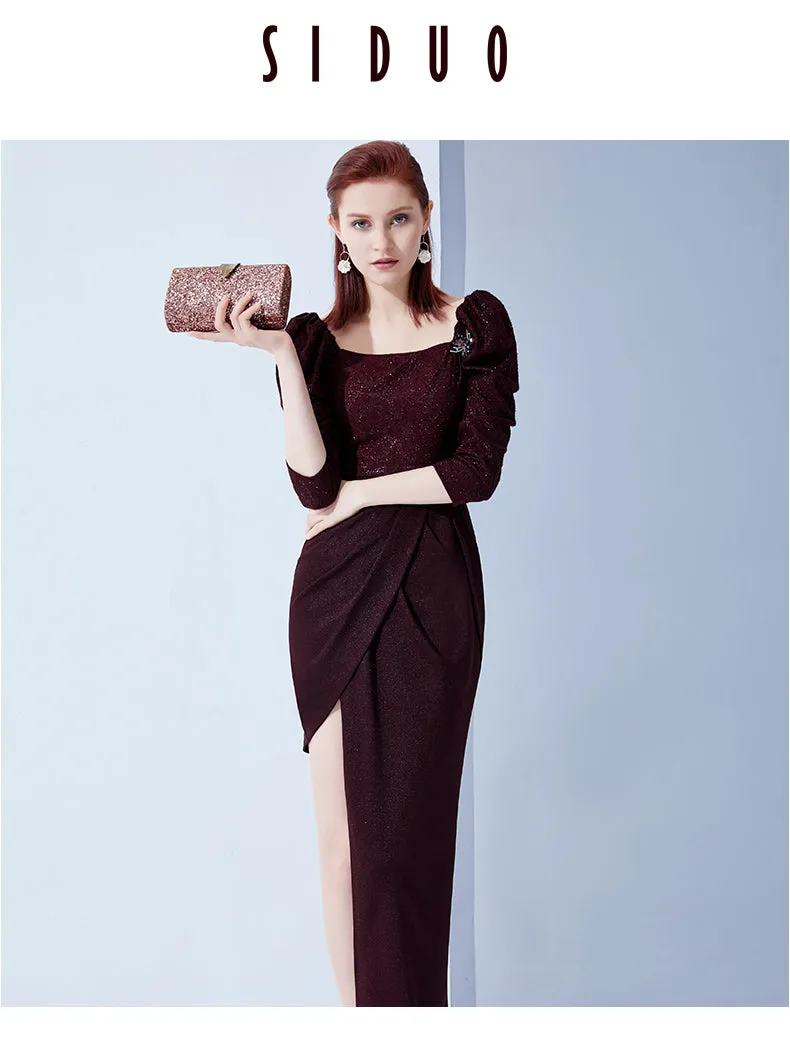 High end even-sleeve vintage wine red slit evening dress - Sedo