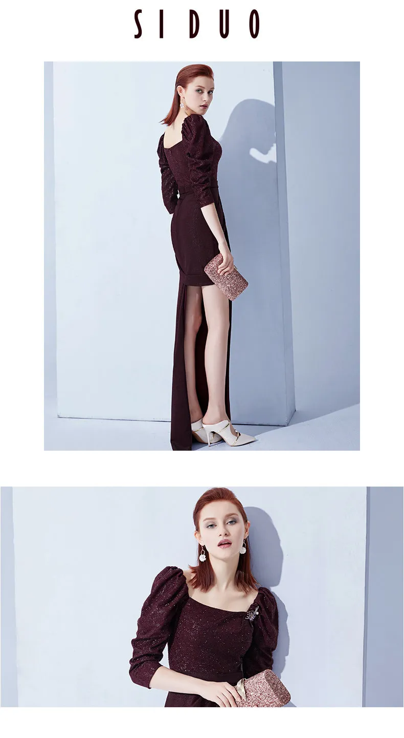 High end even-sleeve vintage wine red slit evening dress - Sedo