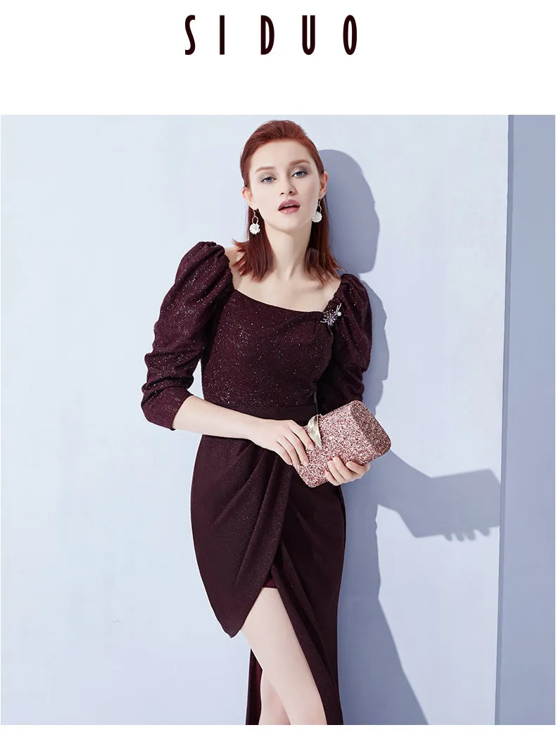 High end even-sleeve vintage wine red slit evening dress - Sedo