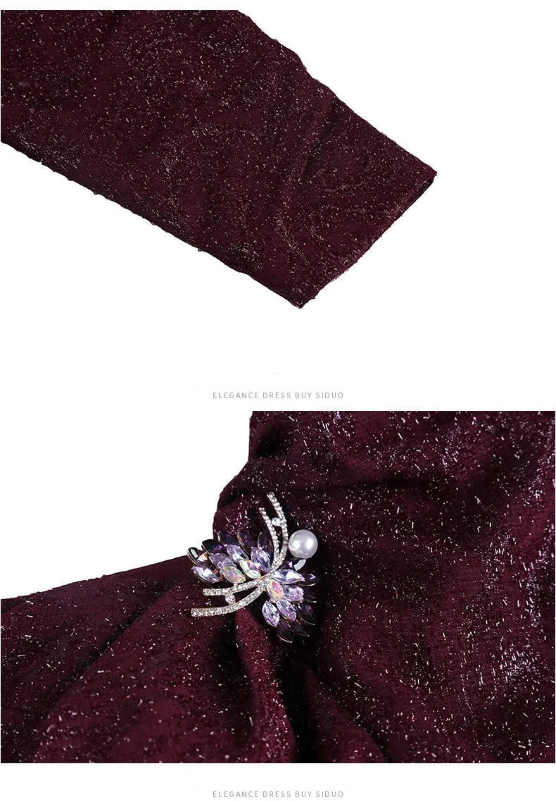 High end even-sleeve vintage wine red slit evening dress - Sedo