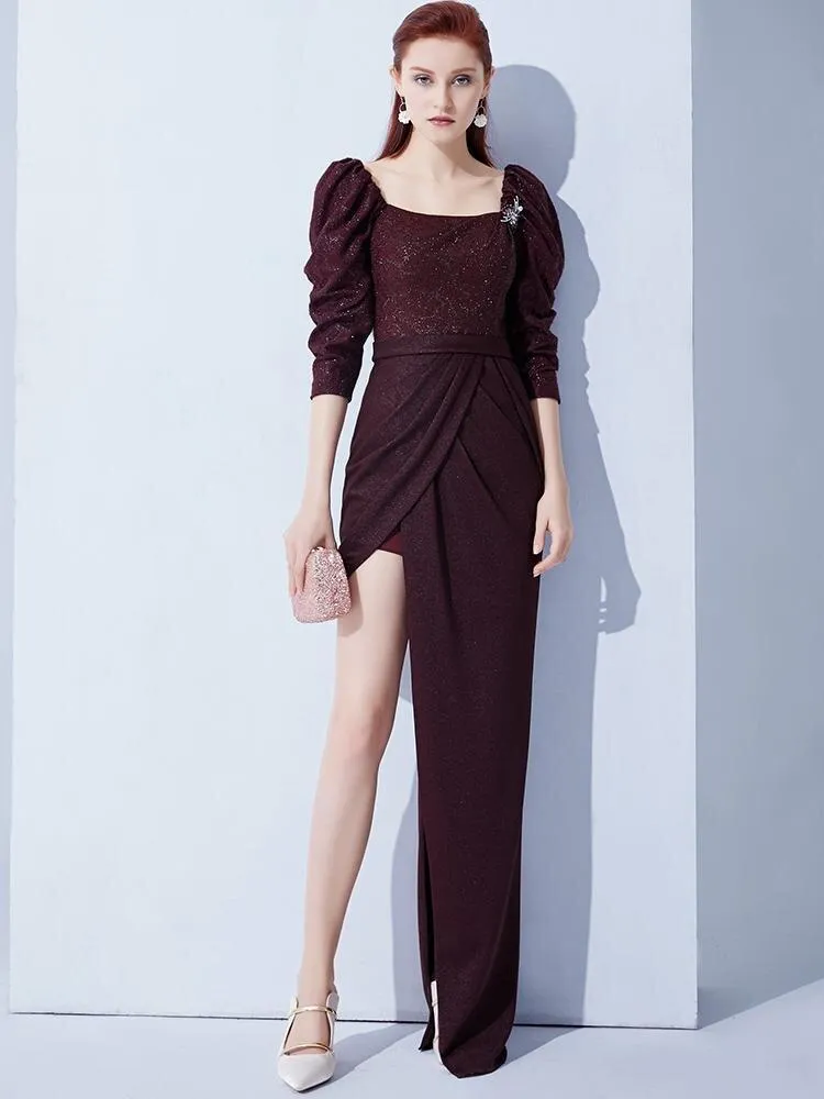 High end even-sleeve vintage wine red slit evening dress - Sedo