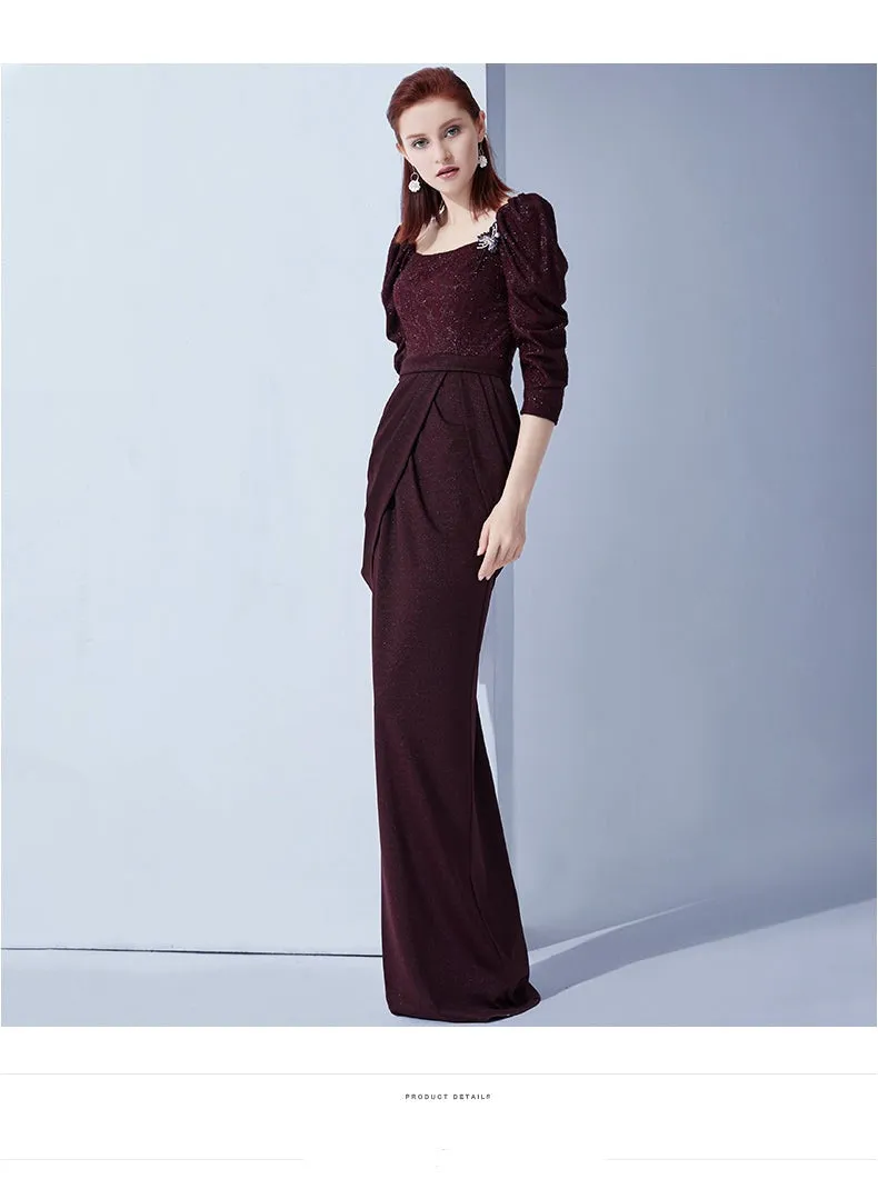 High end even-sleeve vintage wine red slit evening dress - Sedo