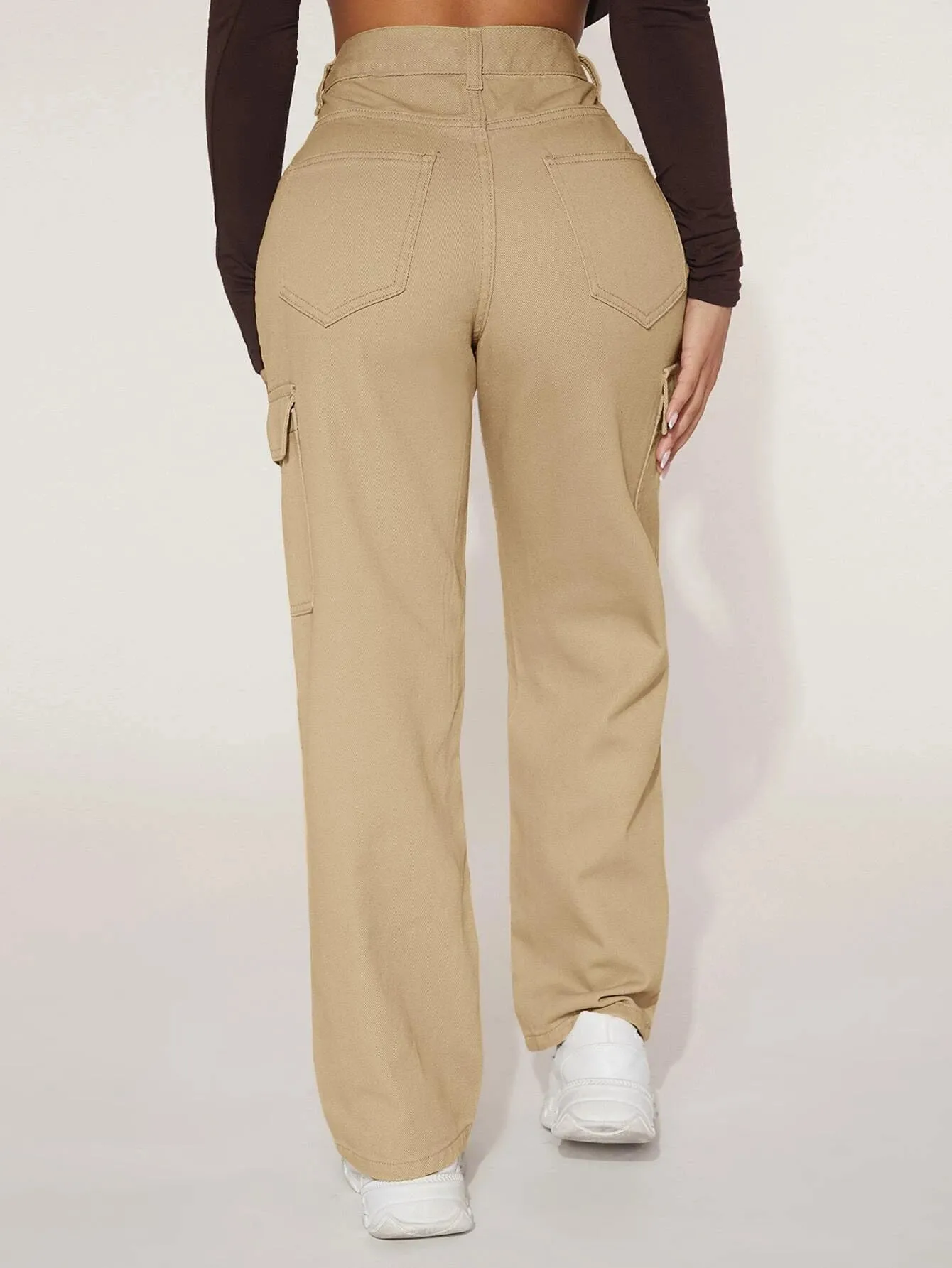 High Waist Flap Pocket Straight Leg Jeans