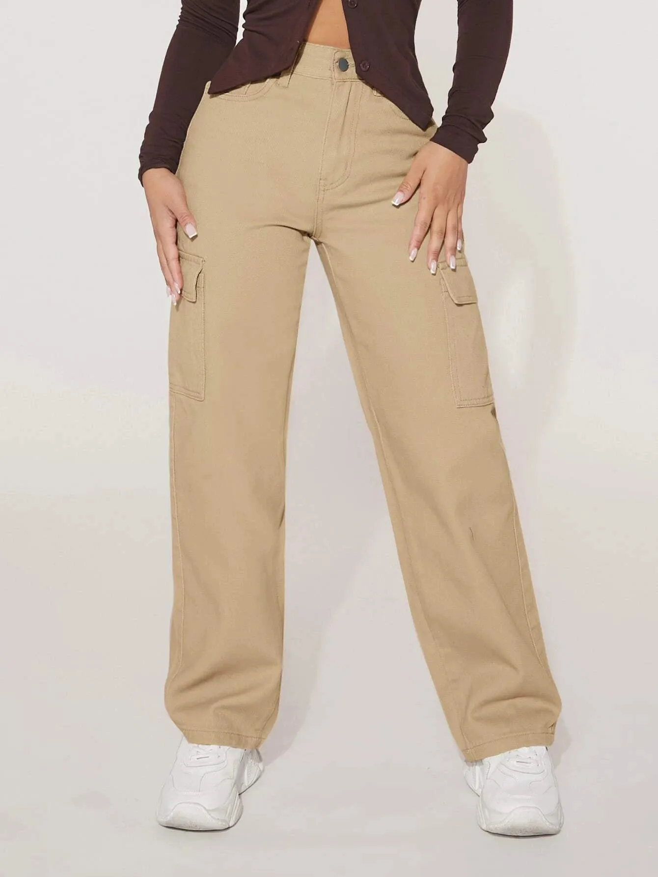 High Waist Flap Pocket Straight Leg Jeans