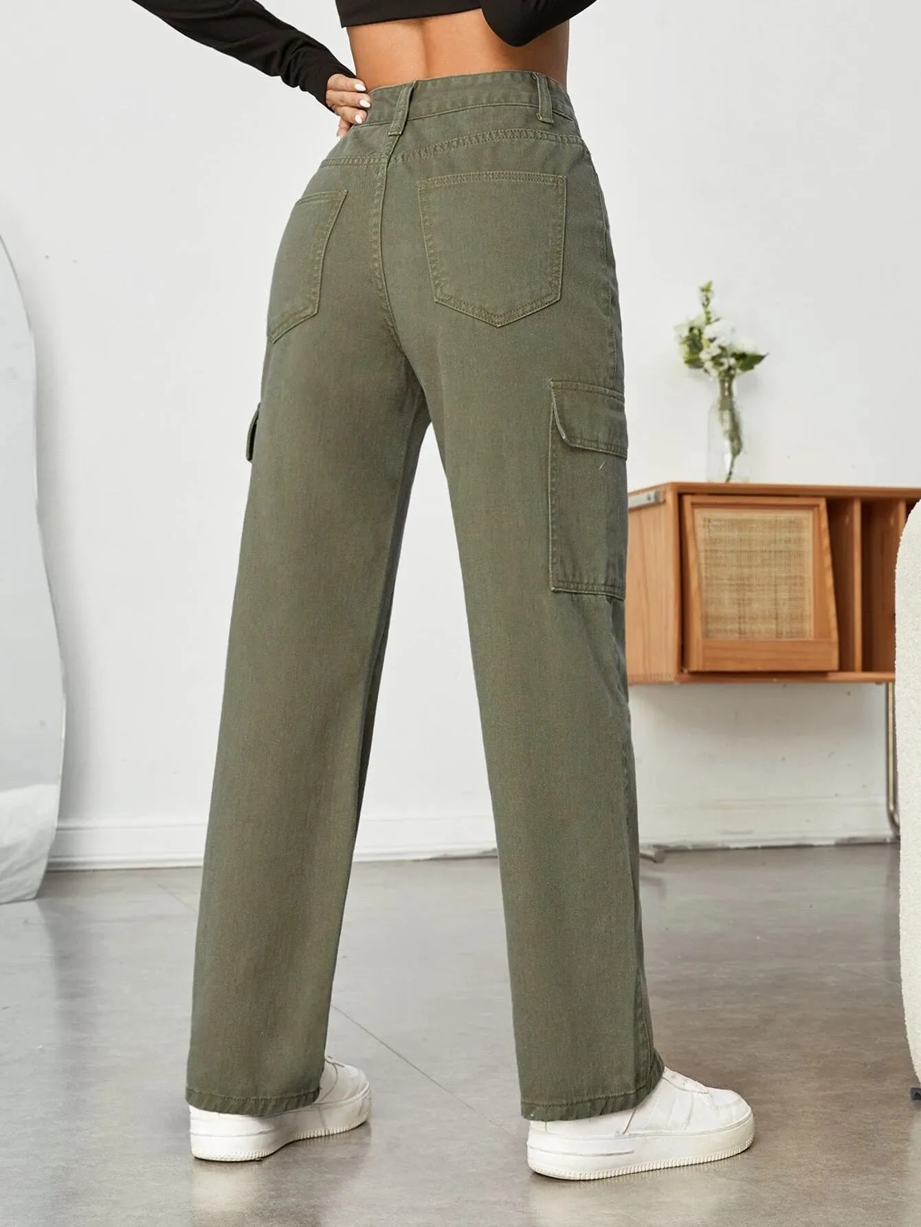 High Waist Flap Pocket Straight Leg Jeans