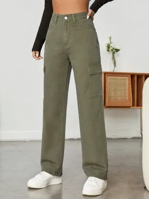 High Waist Flap Pocket Straight Leg Jeans