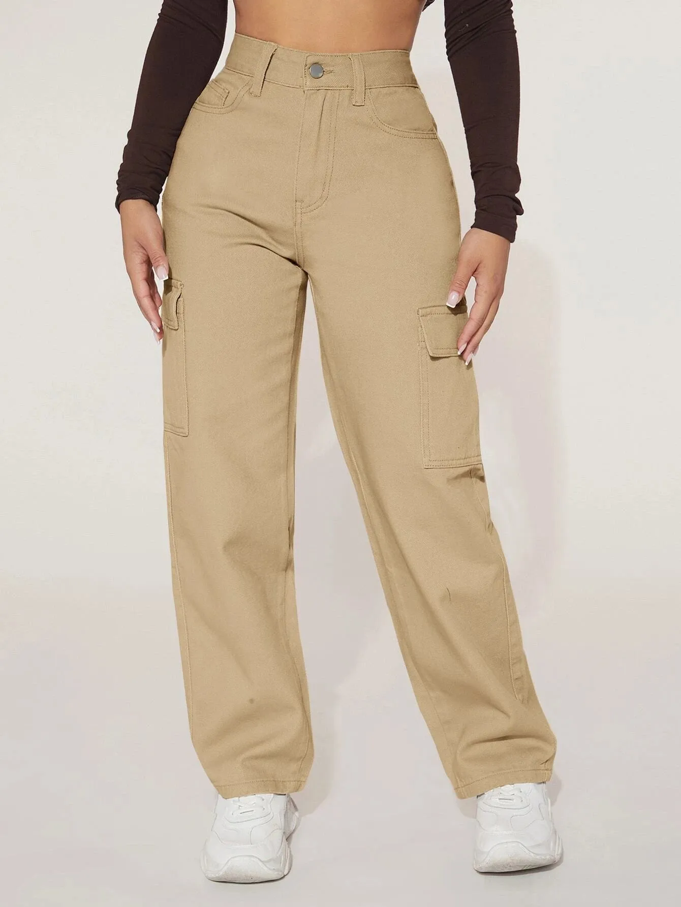 High Waist Flap Pocket Straight Leg Jeans