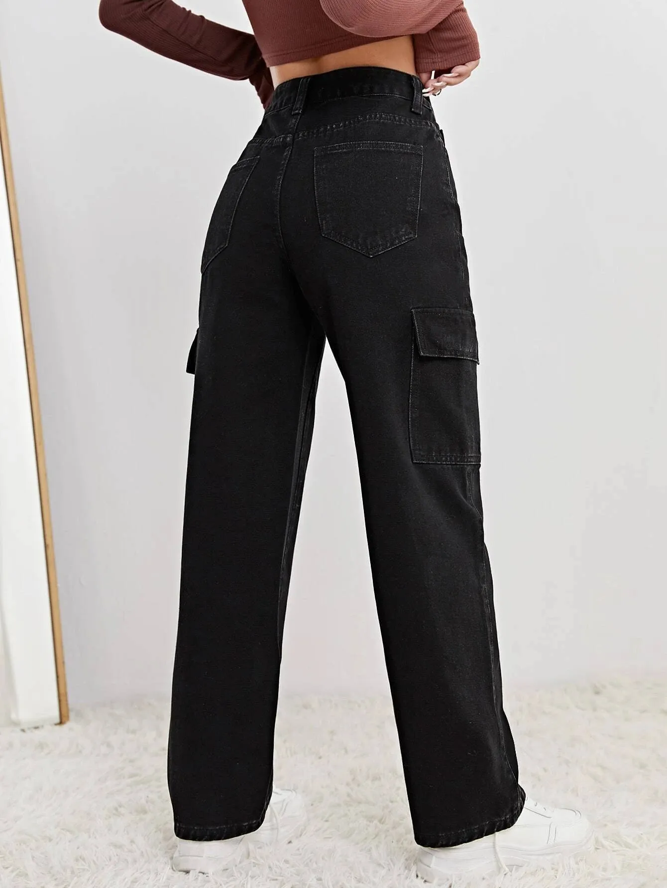 High Waist Flap Pocket Straight Leg Jeans