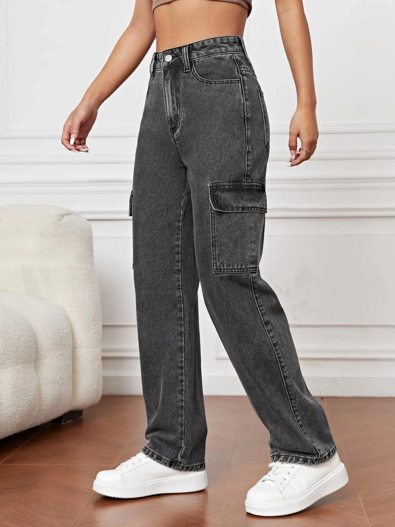 High Waist Flap Pocket Straight Leg Jeans