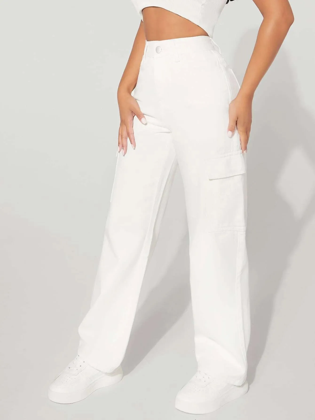 High Waist Flap Pocket Straight Leg Jeans
