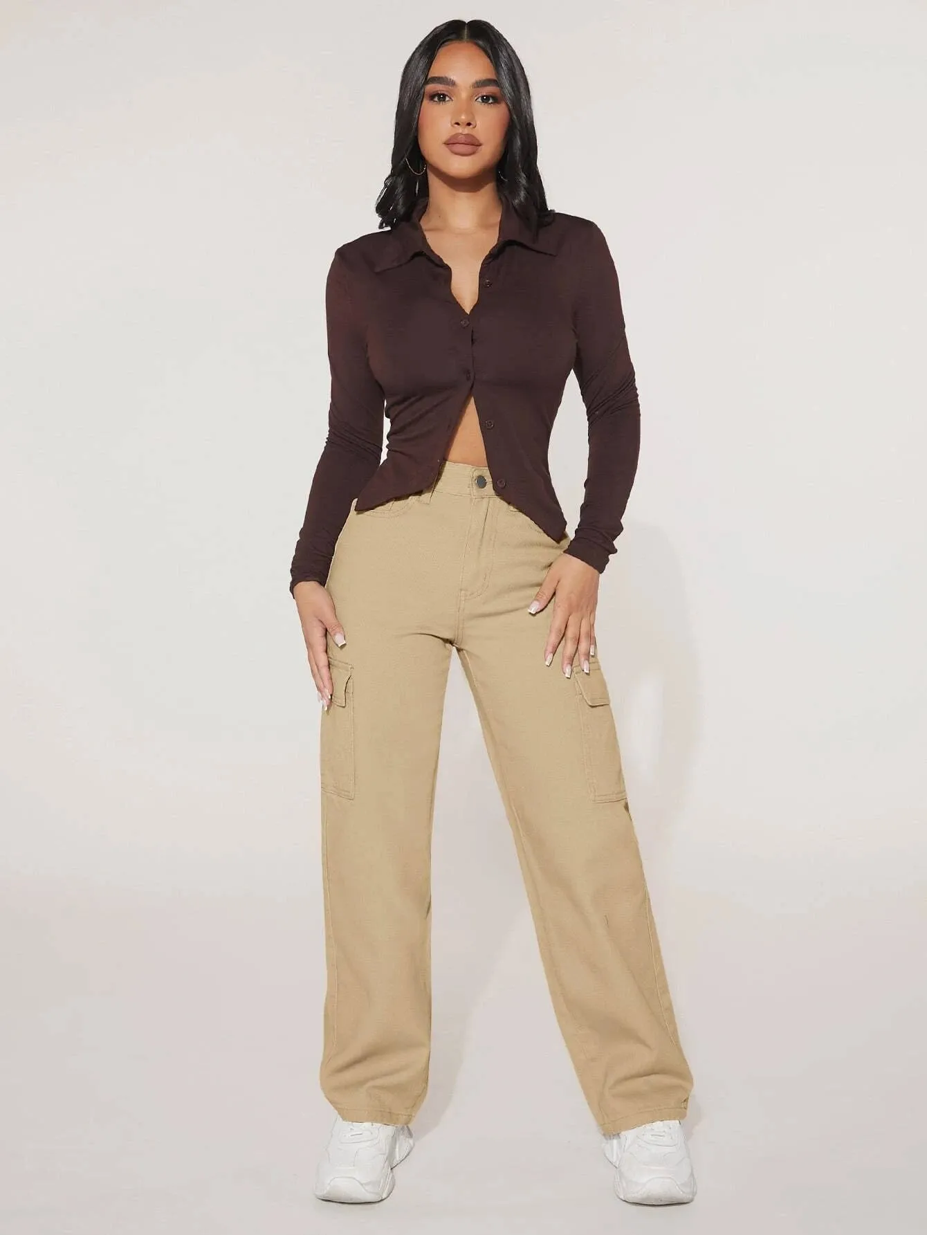 High Waist Flap Pocket Straight Leg Jeans