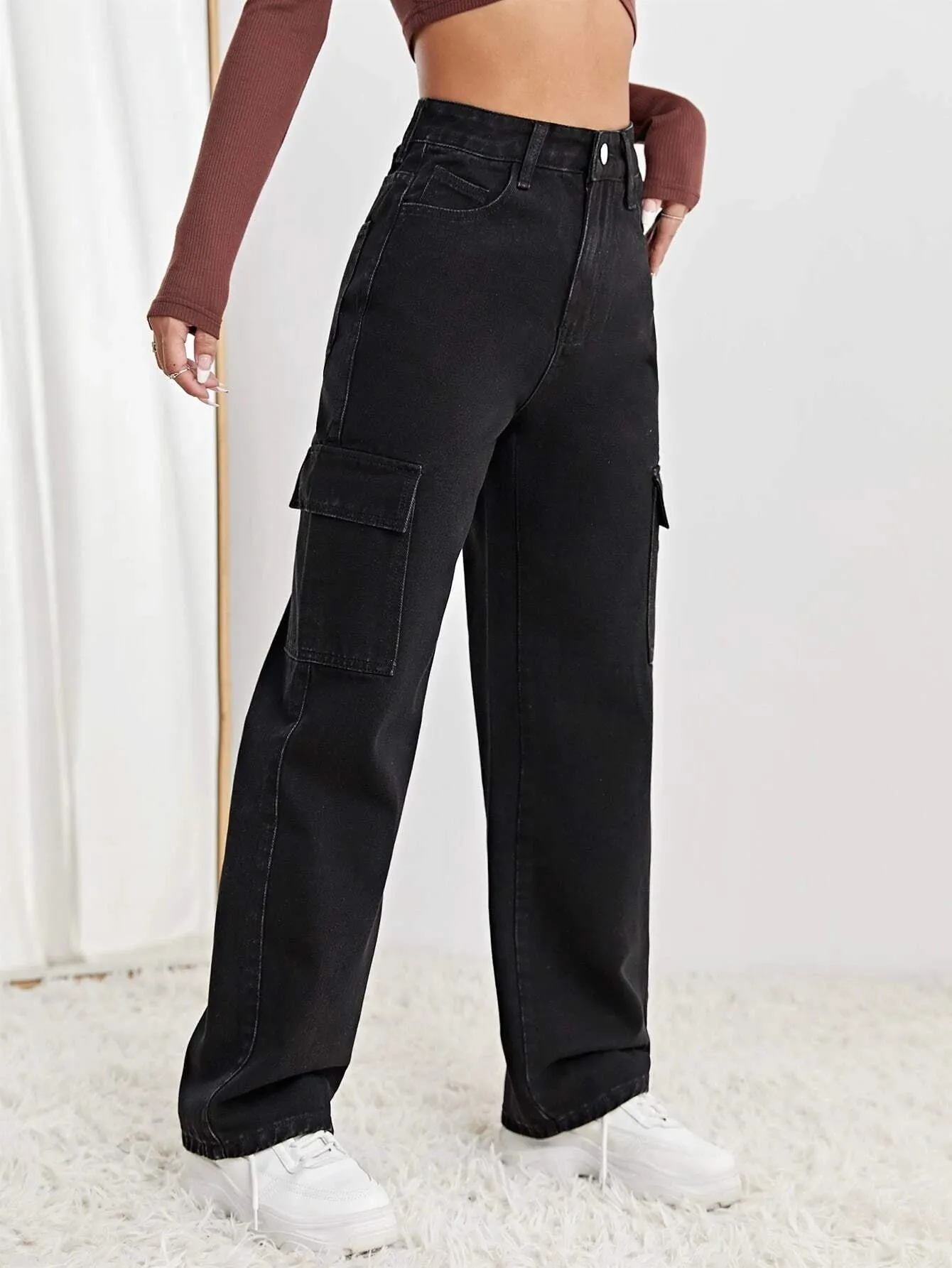 High Waist Flap Pocket Straight Leg Jeans