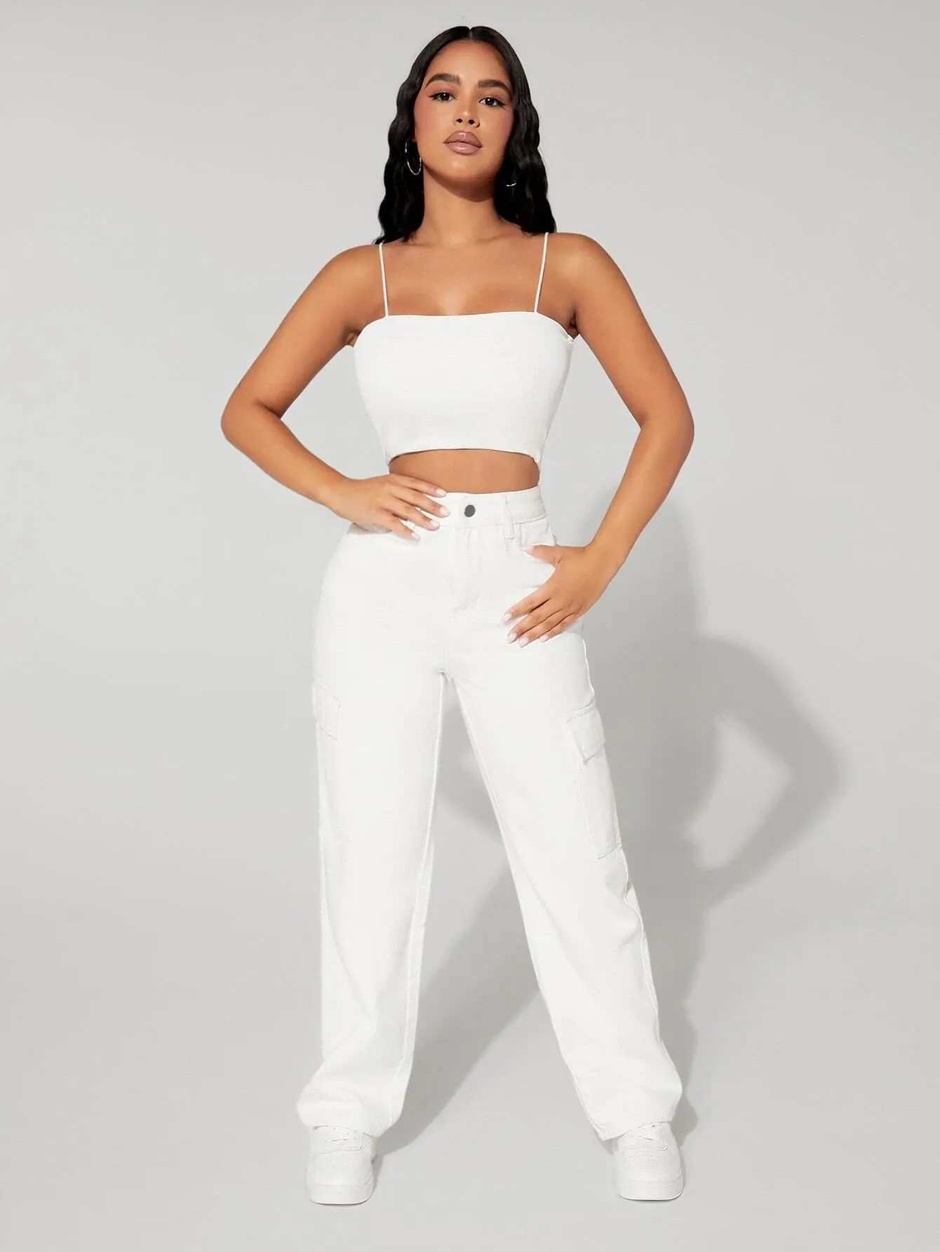 High Waist Flap Pocket Straight Leg Jeans