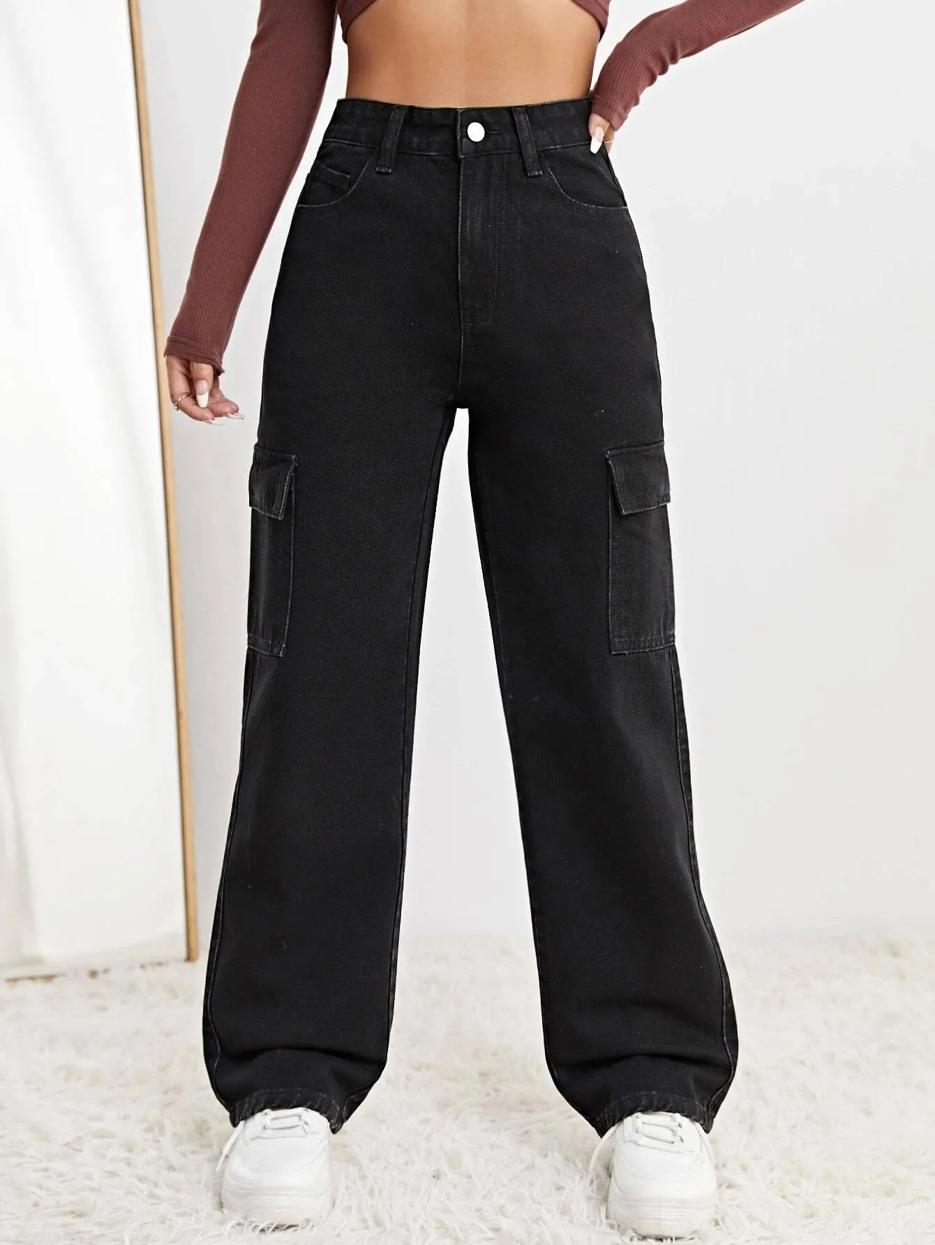 High Waist Flap Pocket Straight Leg Jeans