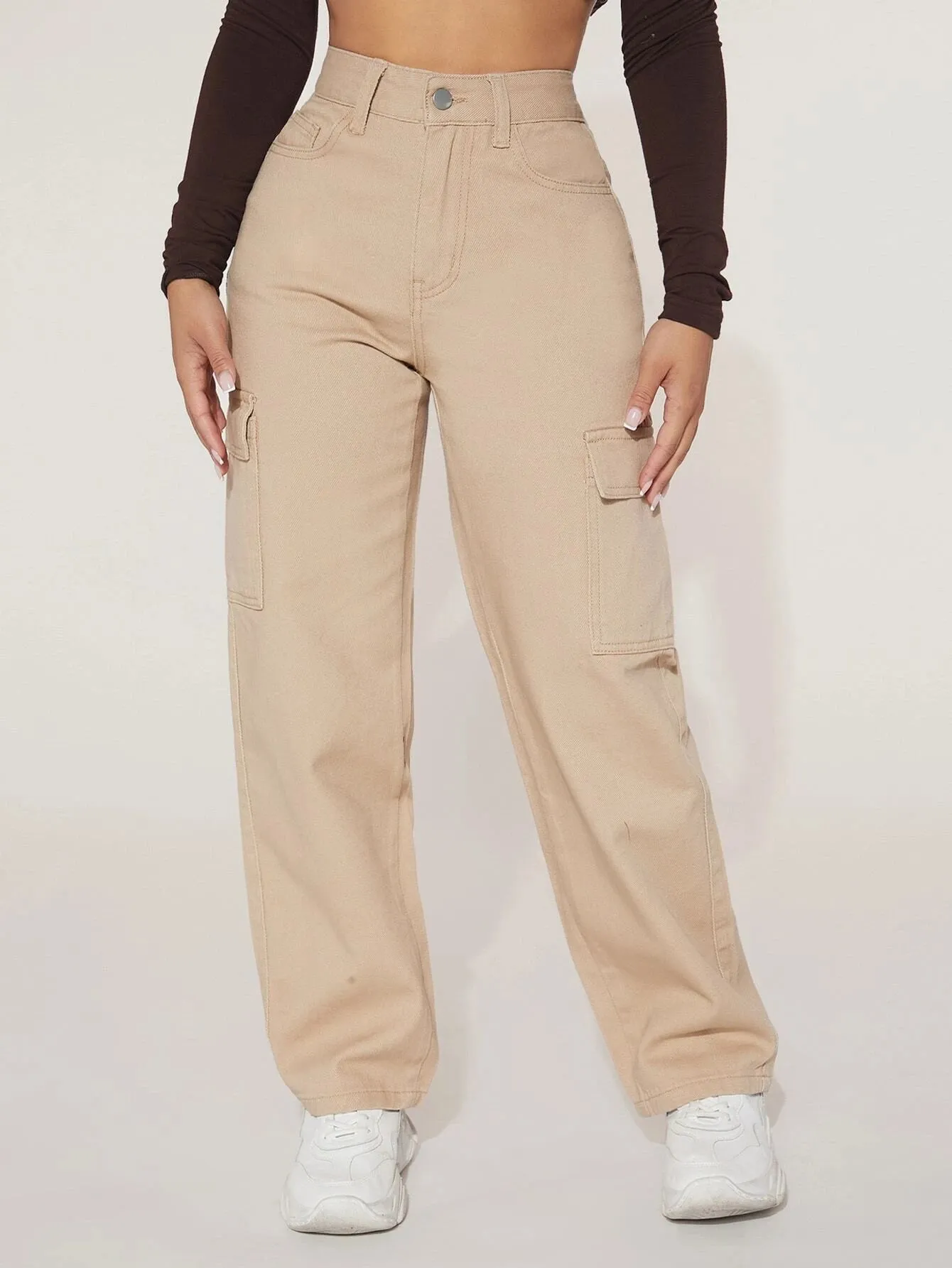 High Waist Flap Pocket Straight Leg Jeans