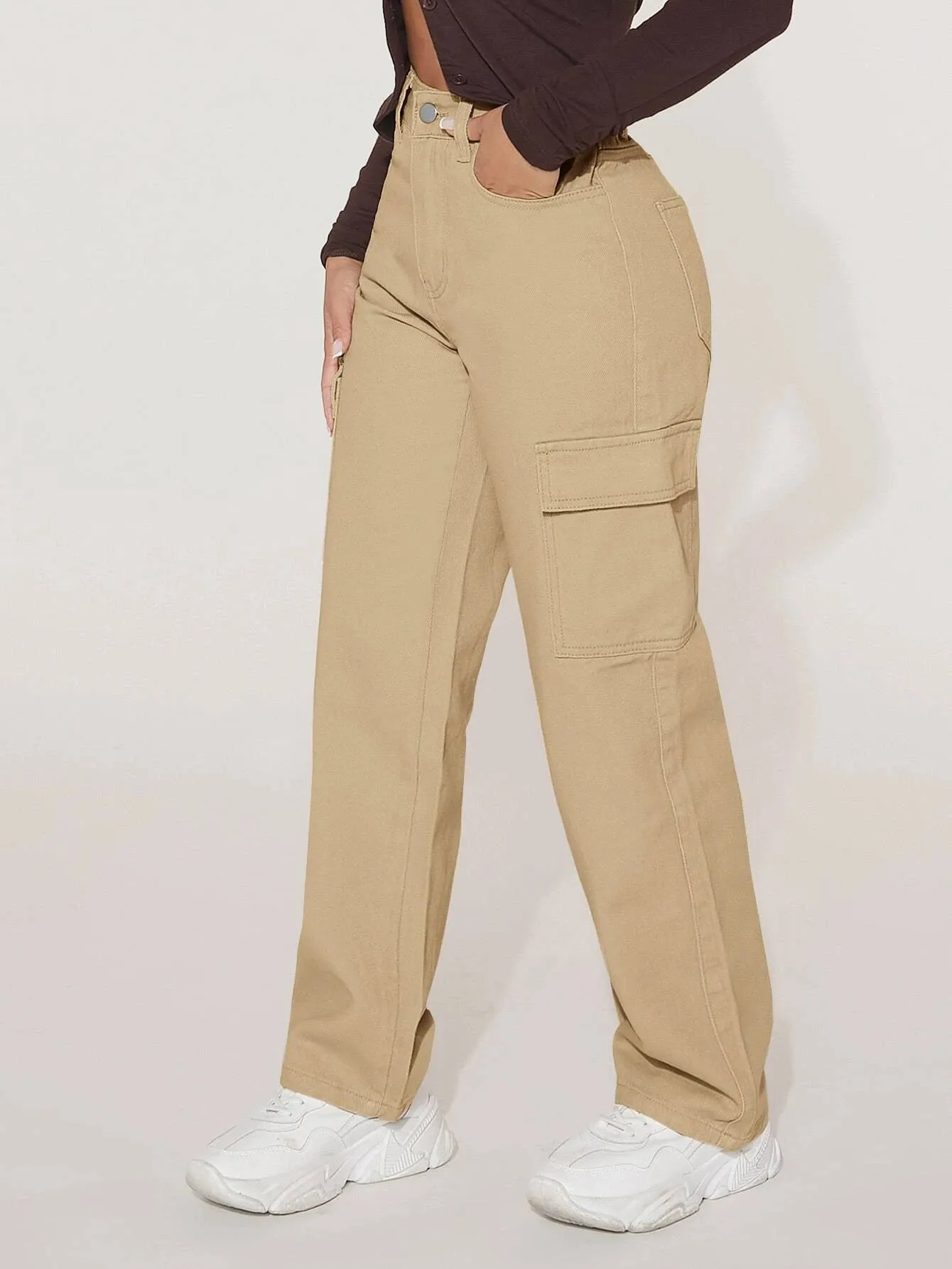 High Waist Flap Pocket Straight Leg Jeans