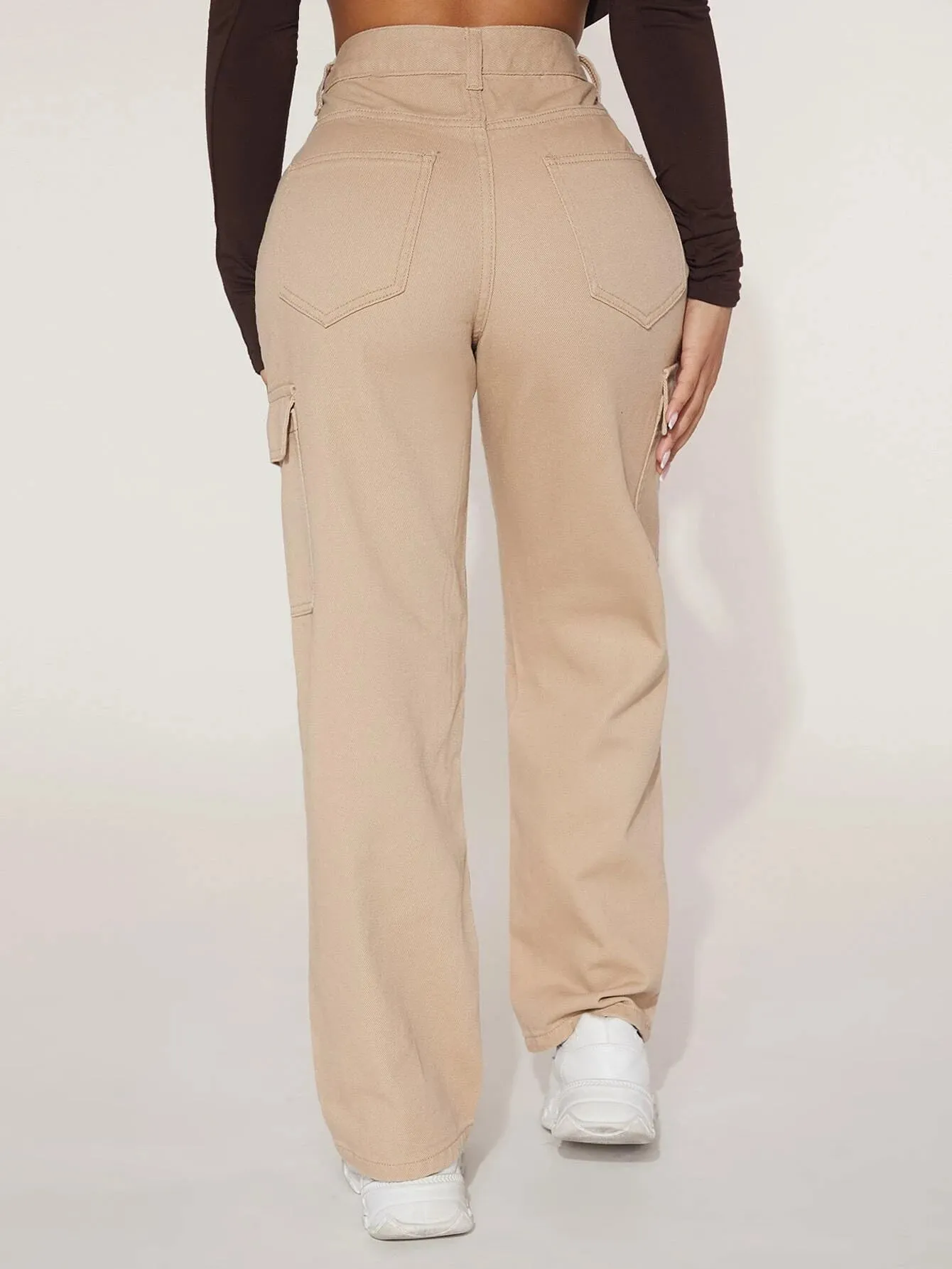 High Waist Flap Pocket Straight Leg Jeans