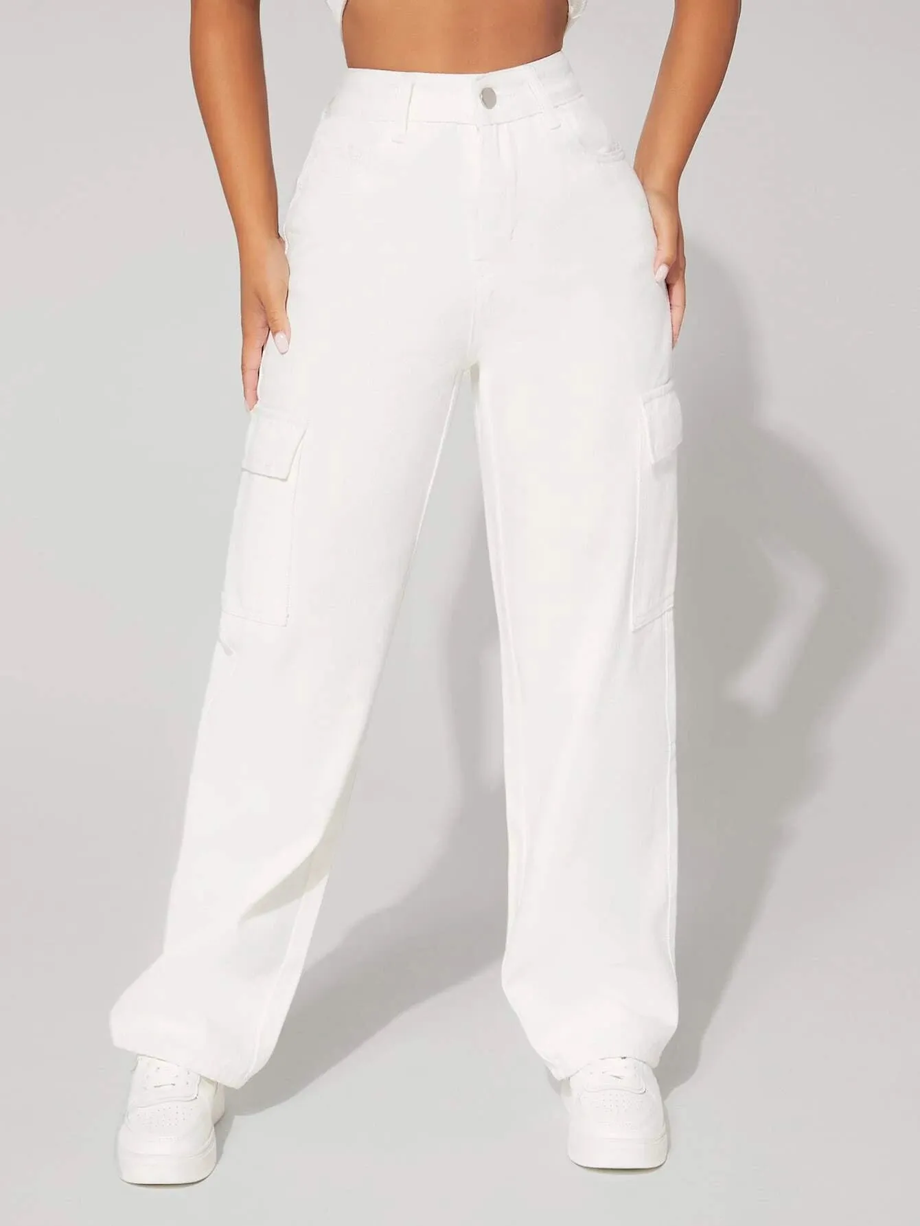 High Waist Flap Pocket Straight Leg Jeans