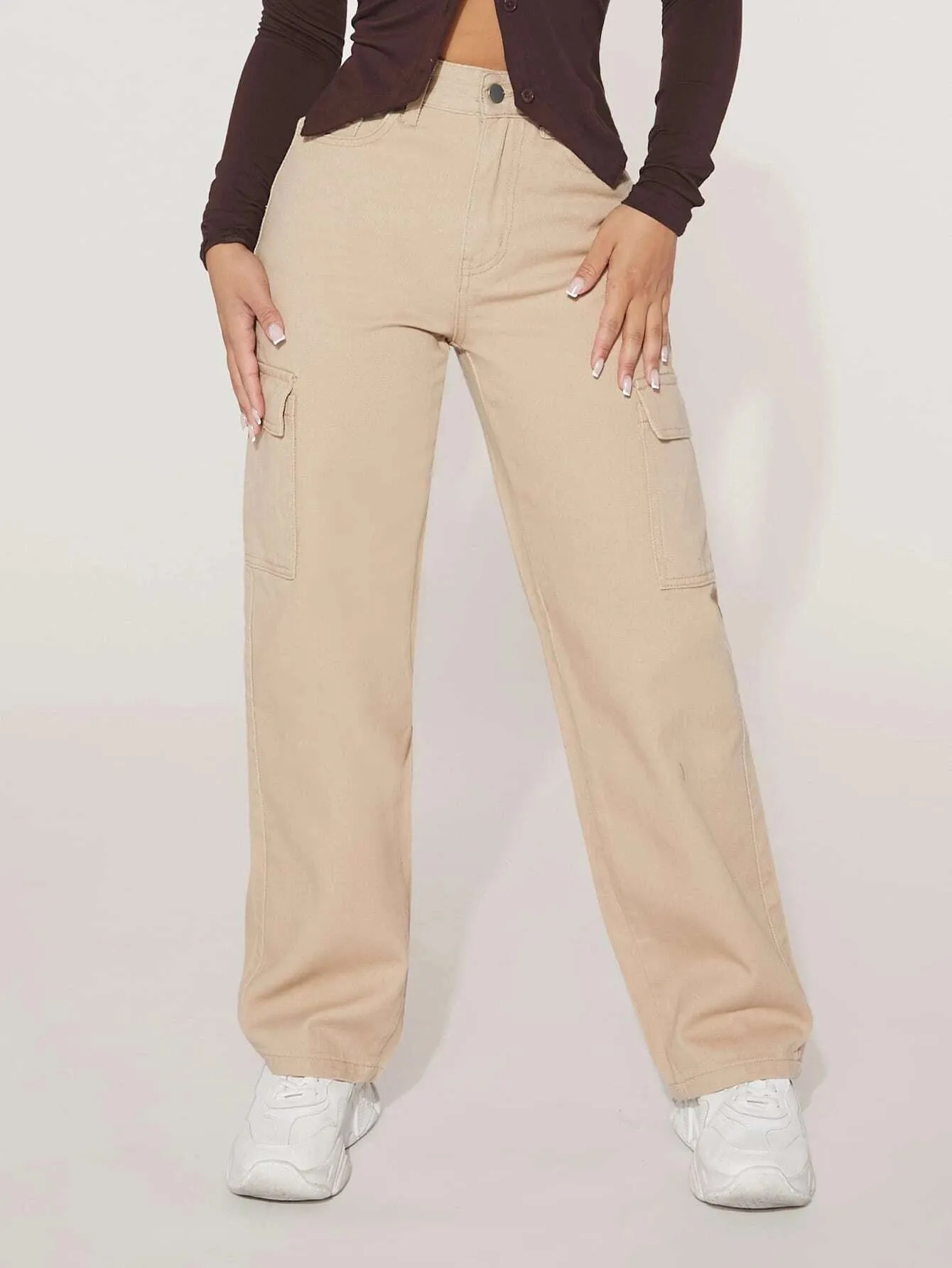 High Waist Flap Pocket Straight Leg Jeans