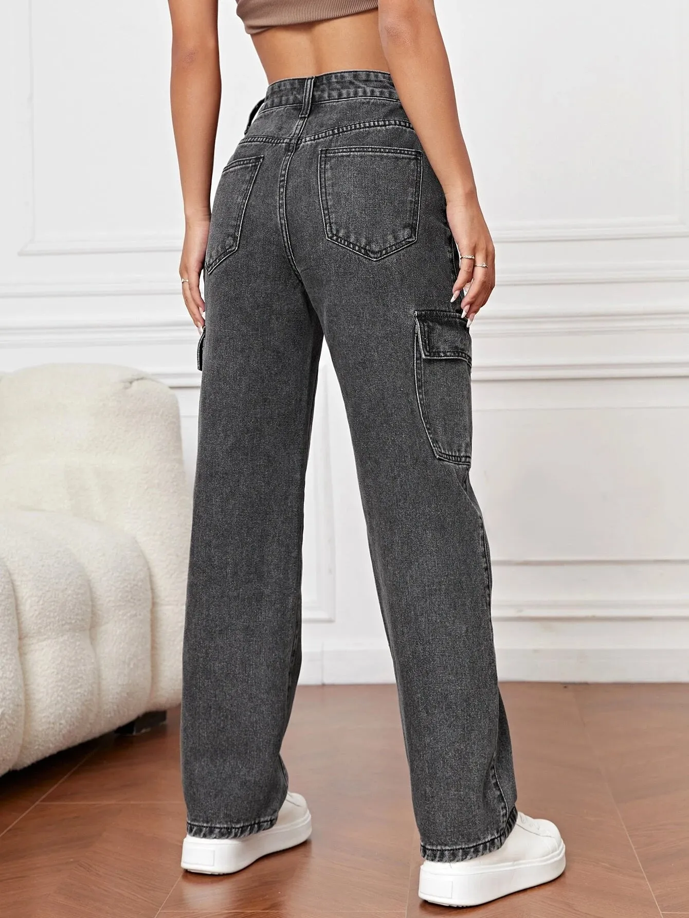 High Waist Flap Pocket Straight Leg Jeans