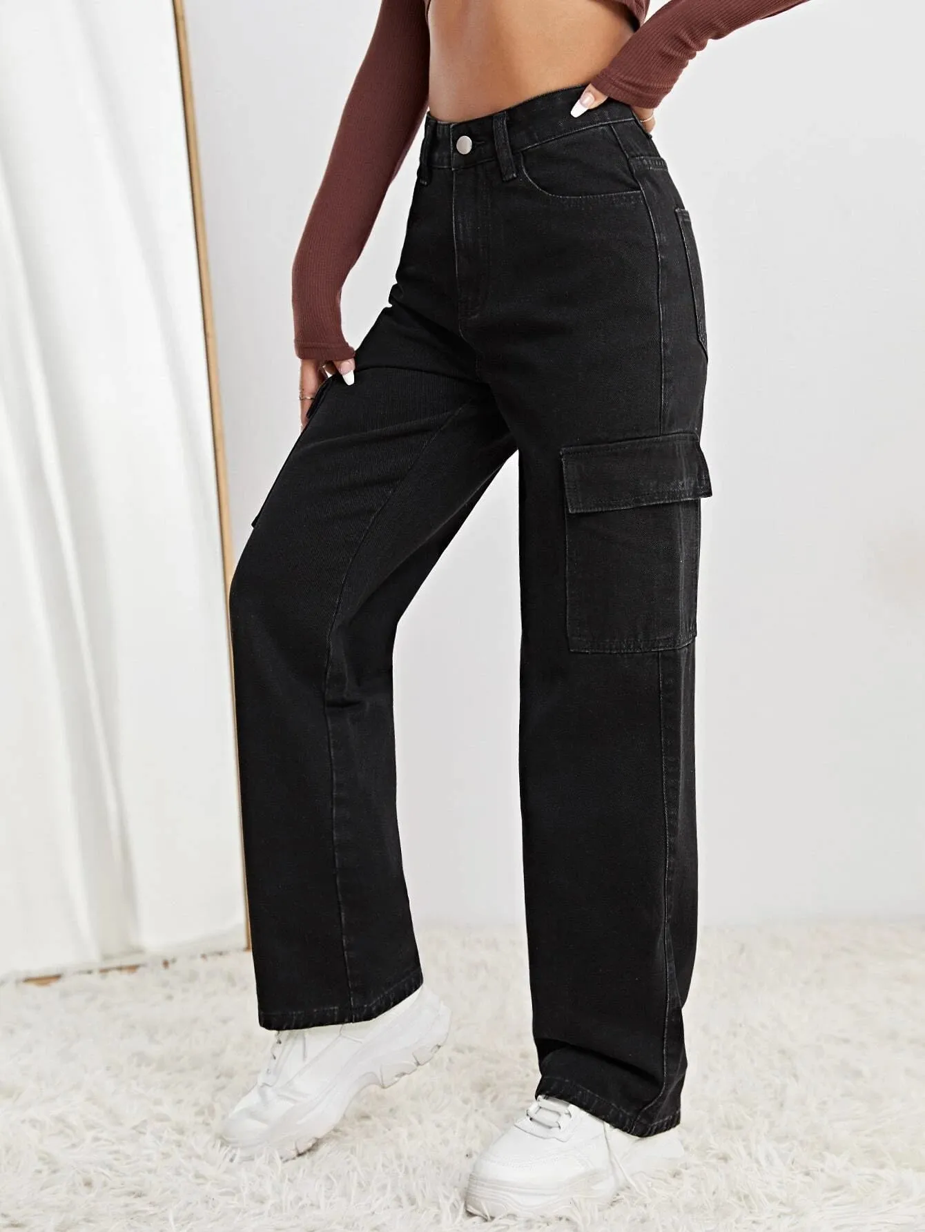 High Waist Flap Pocket Straight Leg Jeans