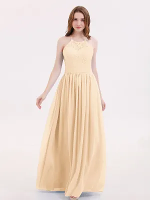 Illusion Neck Lace and Chiffon Maxi Gowns-Peach