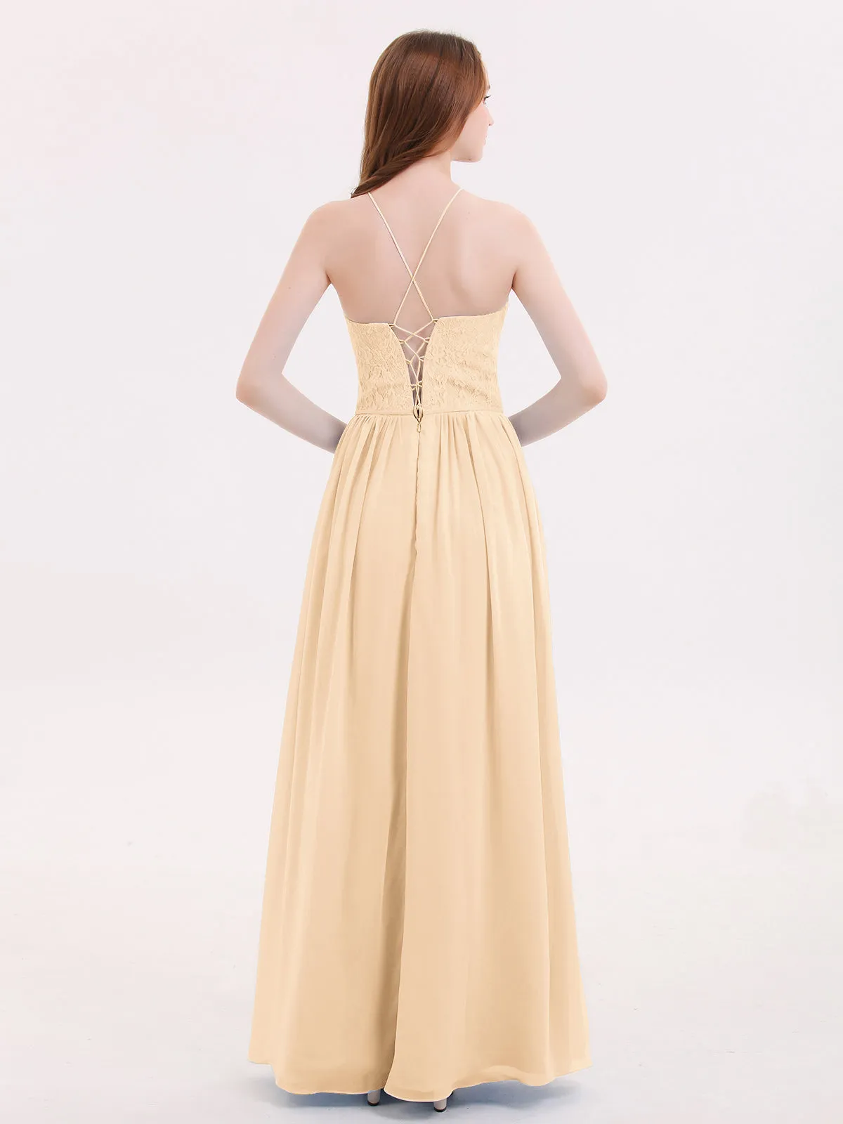 Illusion Neck Lace and Chiffon Maxi Gowns-Peach