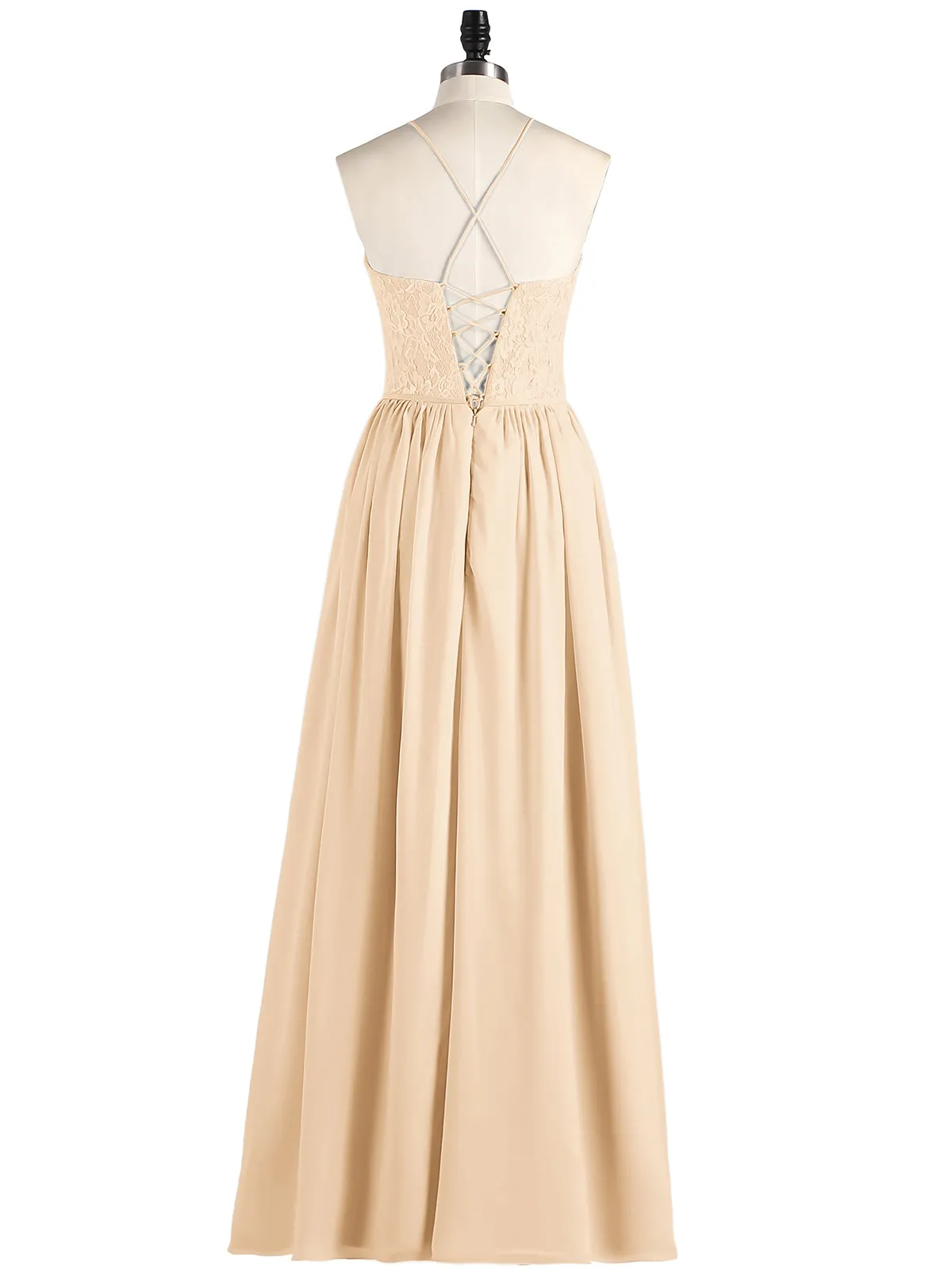 Illusion Neck Lace and Chiffon Maxi Gowns-Peach