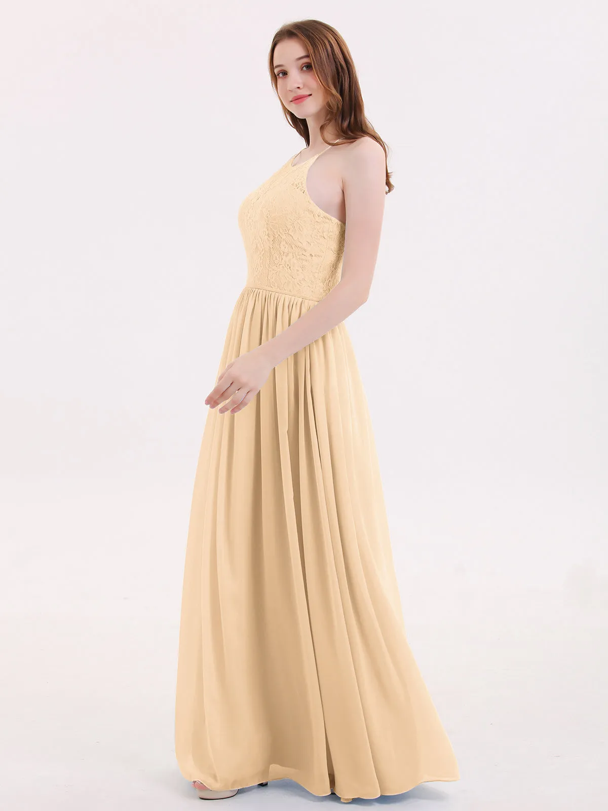 Illusion Neck Lace and Chiffon Maxi Gowns-Peach