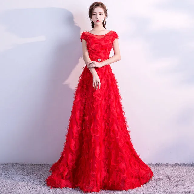 It's YiiYa Red Flowers Illusion Appliques O-neck Backless Elegant Lace Up Party Formal Dress Floor Length Evening Dresses LX117