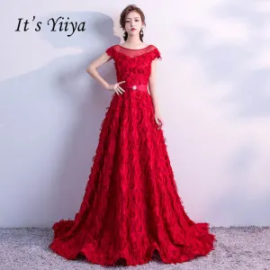 It's YiiYa Red Flowers Illusion Appliques O-neck Backless Elegant Lace Up Party Formal Dress Floor Length Evening Dresses LX117