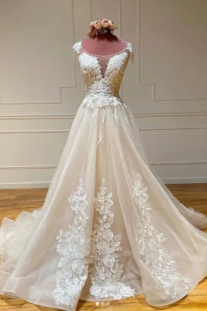 kamahe Champagne Sleeveless Round Neck Tulle Lace Long Prom Dresses