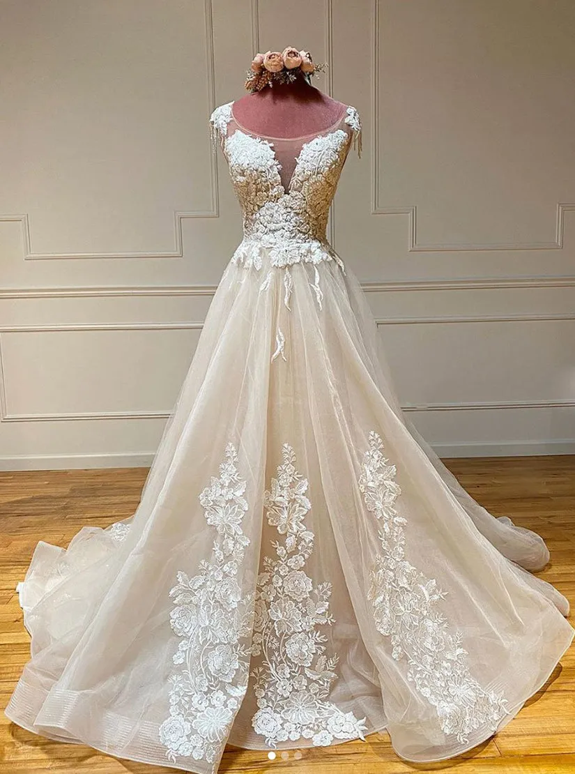 kamahe Champagne Sleeveless Round Neck Tulle Lace Long Prom Dresses