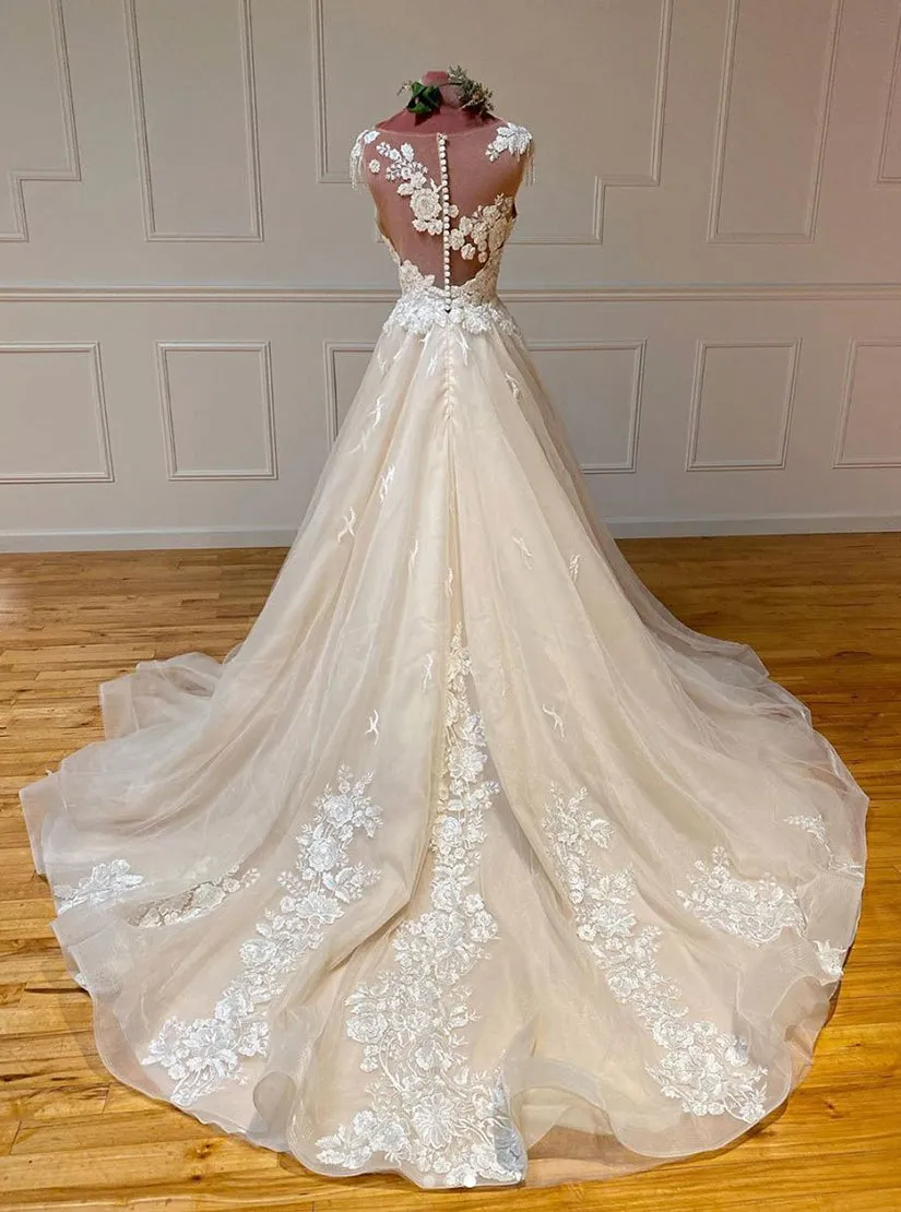 kamahe Champagne Sleeveless Round Neck Tulle Lace Long Prom Dresses