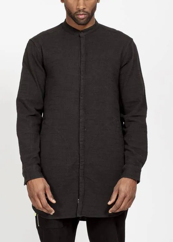 Konus Men's Long Mandarin Collar Shirt w/ Welt Pockets in Black
