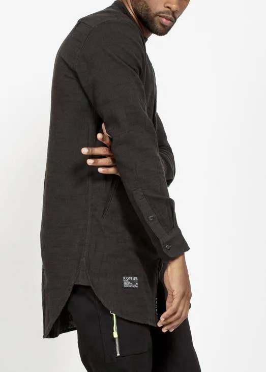 Konus Men's Long Mandarin Collar Shirt w/ Welt Pockets in Black