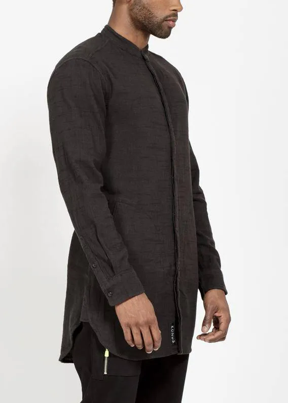 Konus Men's Long Mandarin Collar Shirt w/ Welt Pockets in Black