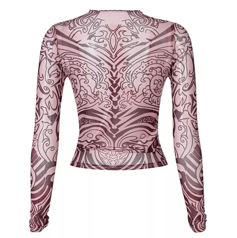 Kylie Inspired Mesh Top Tattoo Shirt long sleeve stretchy tribal mauve nude pink y2k