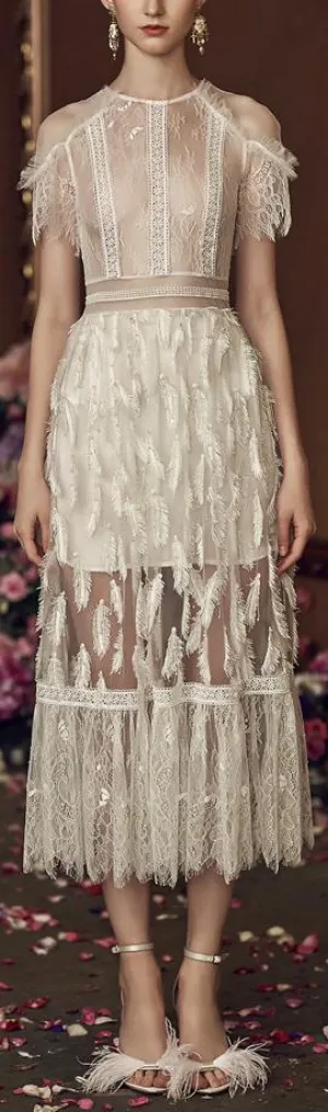 Leaf Embroidered Lace and Mesh Midi Dress