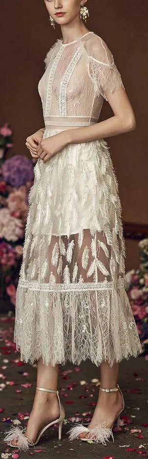 Leaf Embroidered Lace and Mesh Midi Dress