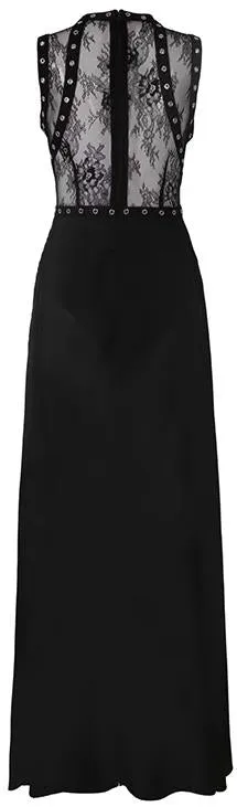 Long Black Sheer Gown with Lace Detail
